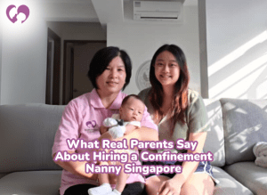 Happy Singaporean mum with newborn sharing their experience with a confinement nanny at home